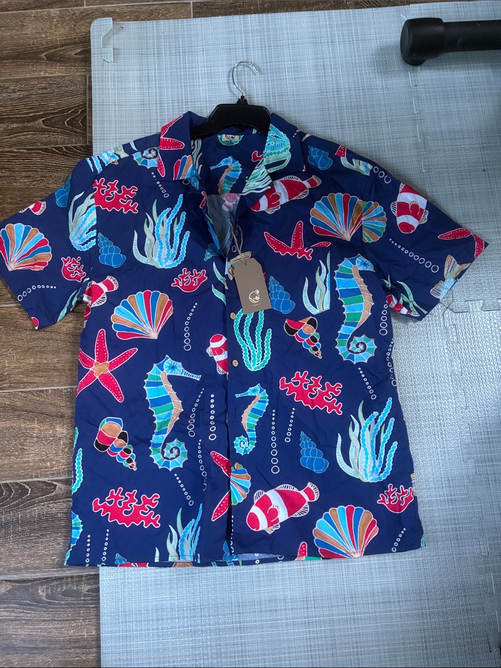 Navy Blue Tropical Sea Life Button-Up Shirt